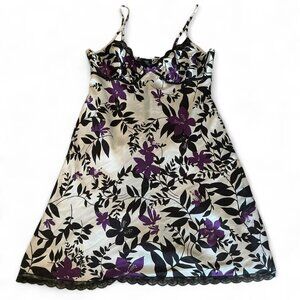 Purple white and black babydoll floral slip dress with lace trim